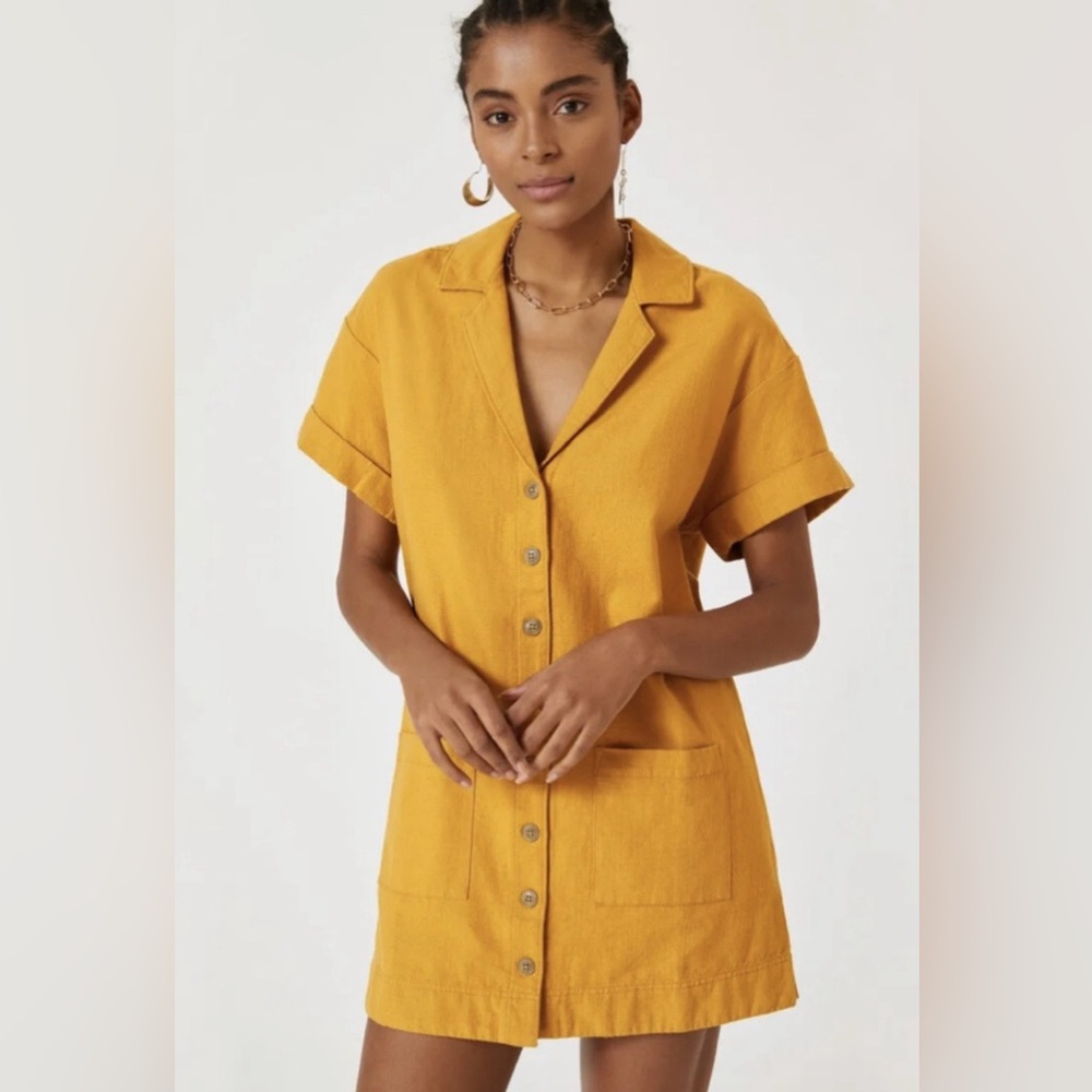 Pilcro Anthropologie Linen Blend Shirt Dress Yellow Button Front Mini S
